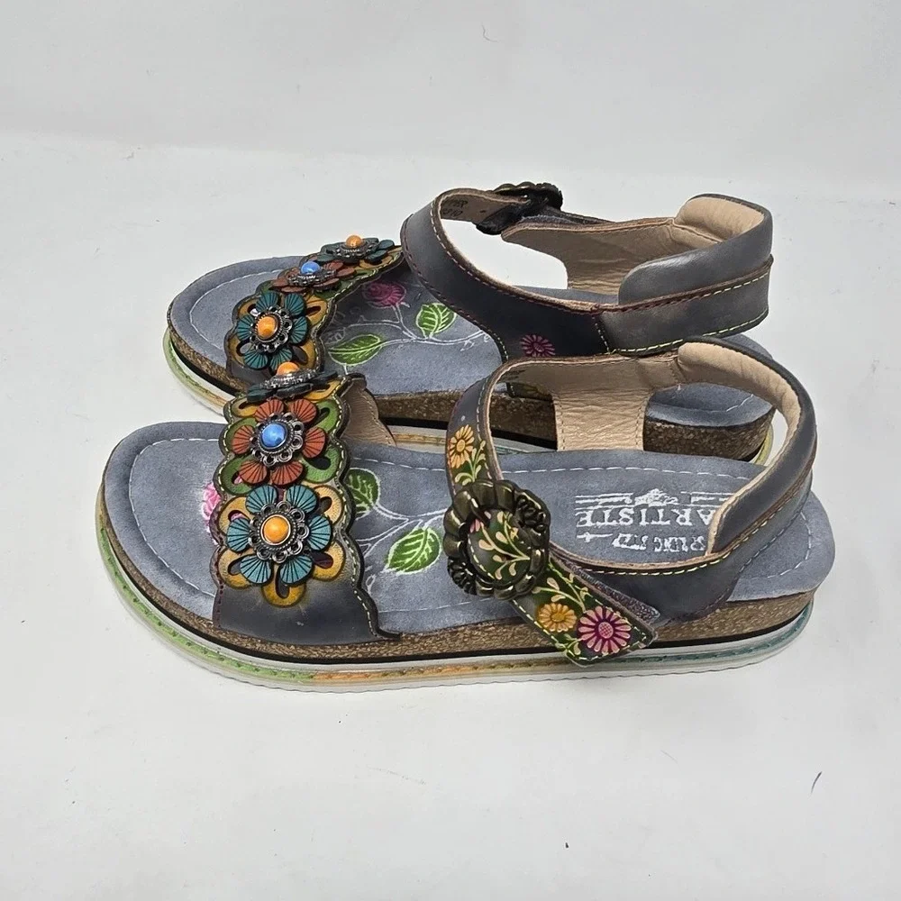 L'artiste By Spring Step women 38 Onyx-Grym wedge sandal leather floral NO BOX